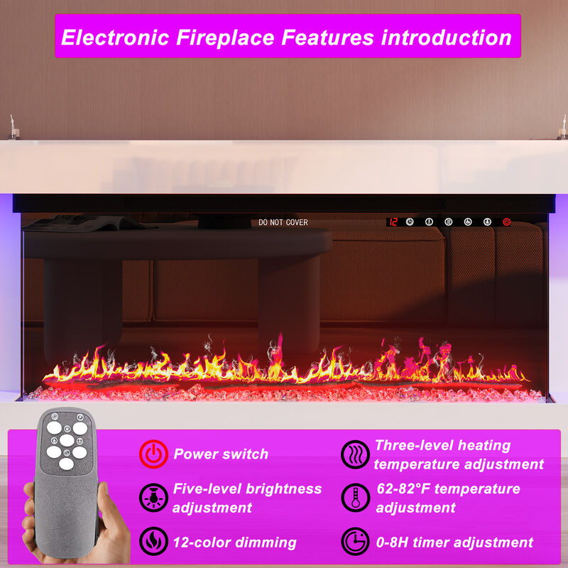FUFU&GAGA Modern TV Stand with Built-in LED Fireplace (66.5" W x 23.2" H x 13.8" D),White