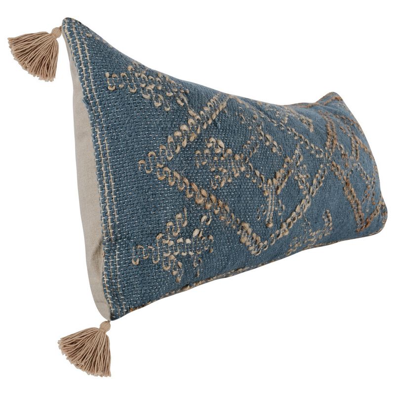 16 x 36 Accent Lumbar Pillow, Down, Blue Wool, Jute Woven Details, Tassels-Benzara