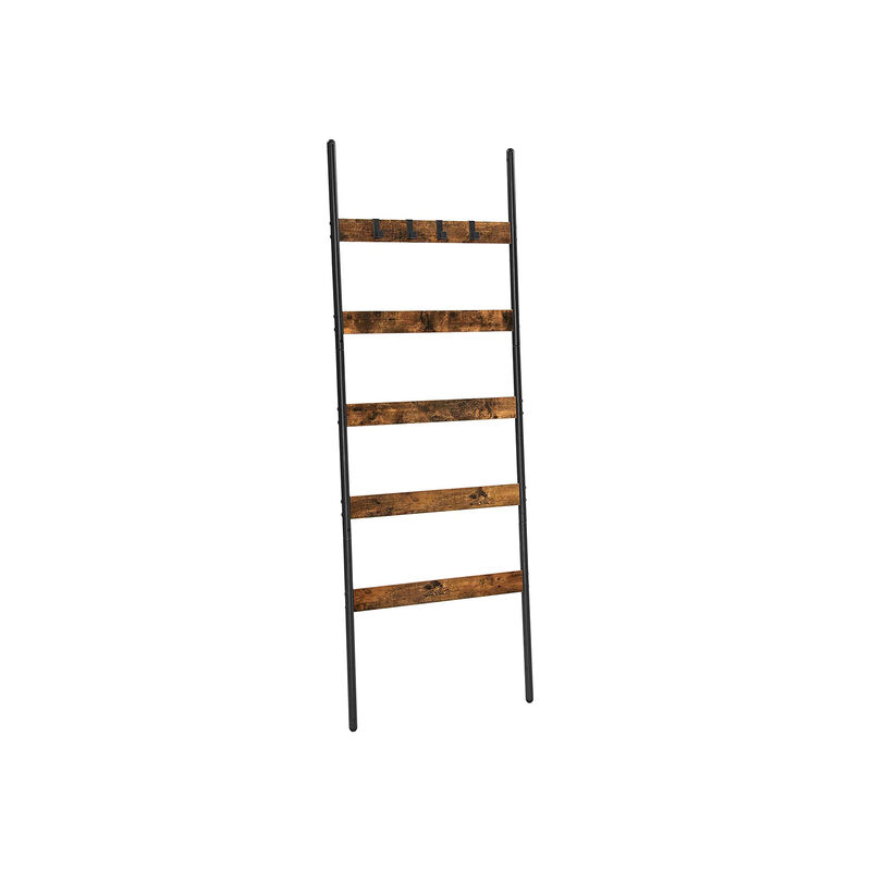 Rustic 5-Tier Blanket Ladder Shelf with Hooks and Steel Frame