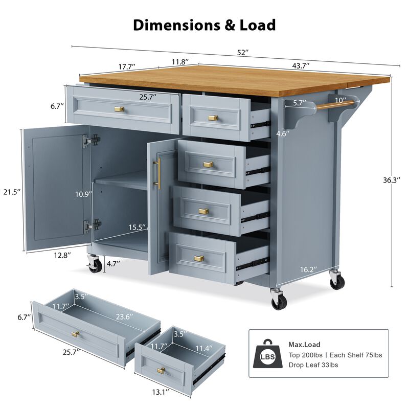 Merax Embossed Texture Kitchen Island on Wheels with Spice Rack