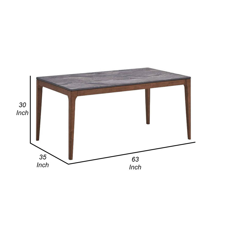 Evis 63 Inch Dining Table, Marble Grain Faux Stone Top, Walnut Brown Wood - Benzara