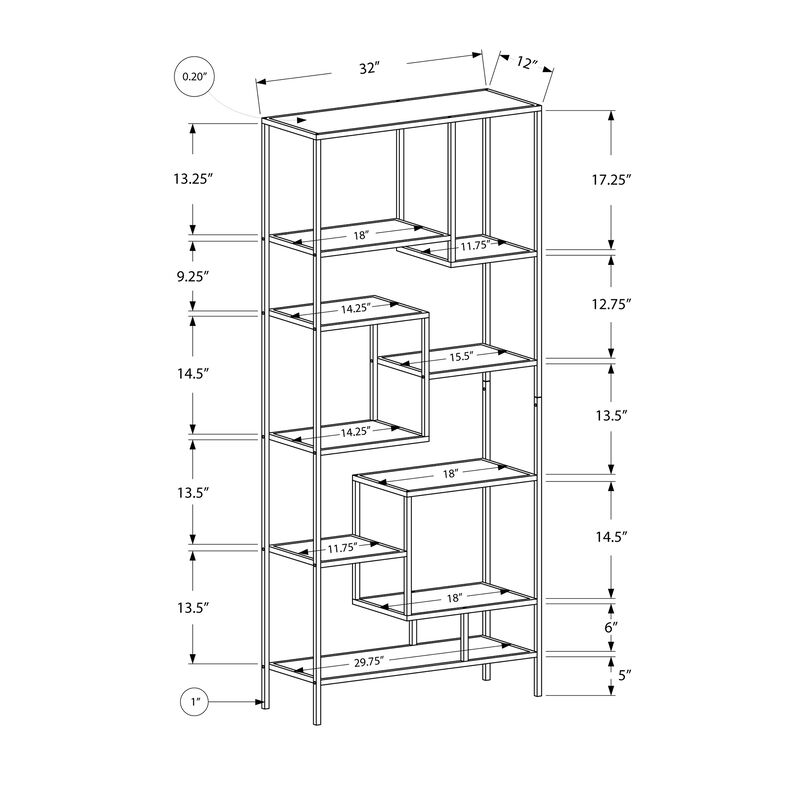 Monarch Specialties I 7159 Bookshelf, Bookcase, Etagere, 72"H, Office, Bedroom, Metal, Tempered Glass, White, Clear, Contemporary, Modern