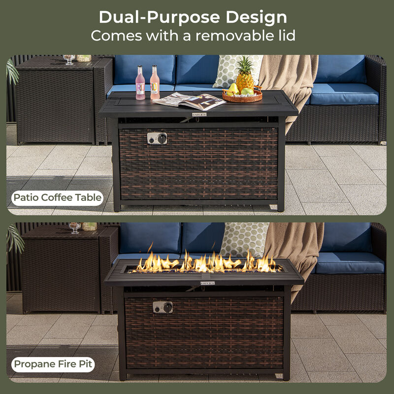 Propane Table with Glass Stones and Protective Cover for Outdoor Patio Heating and Ambiance