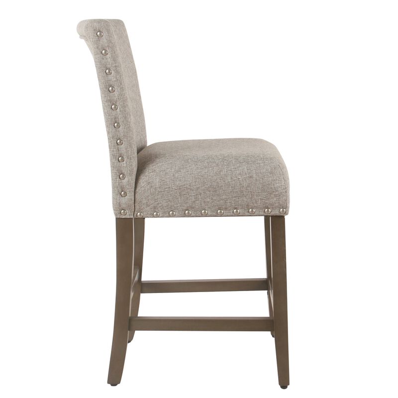 Fabric Upholstered Wooden Counter Stool with Striking Nail head Trims, Gray and Brown - Benzara