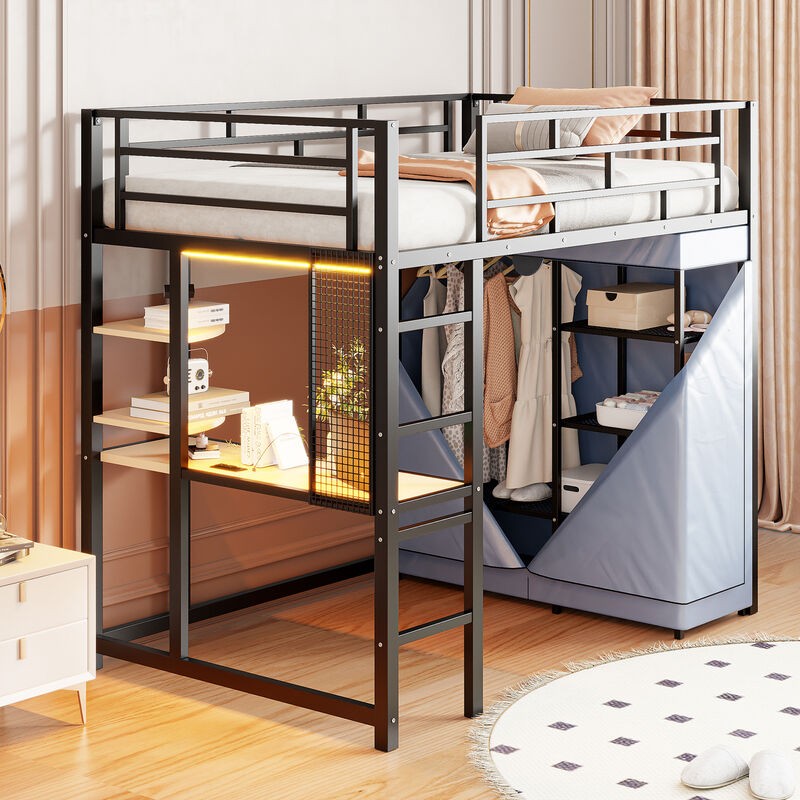 Merax Metal Loft Bed with Storage  and Wardrobe