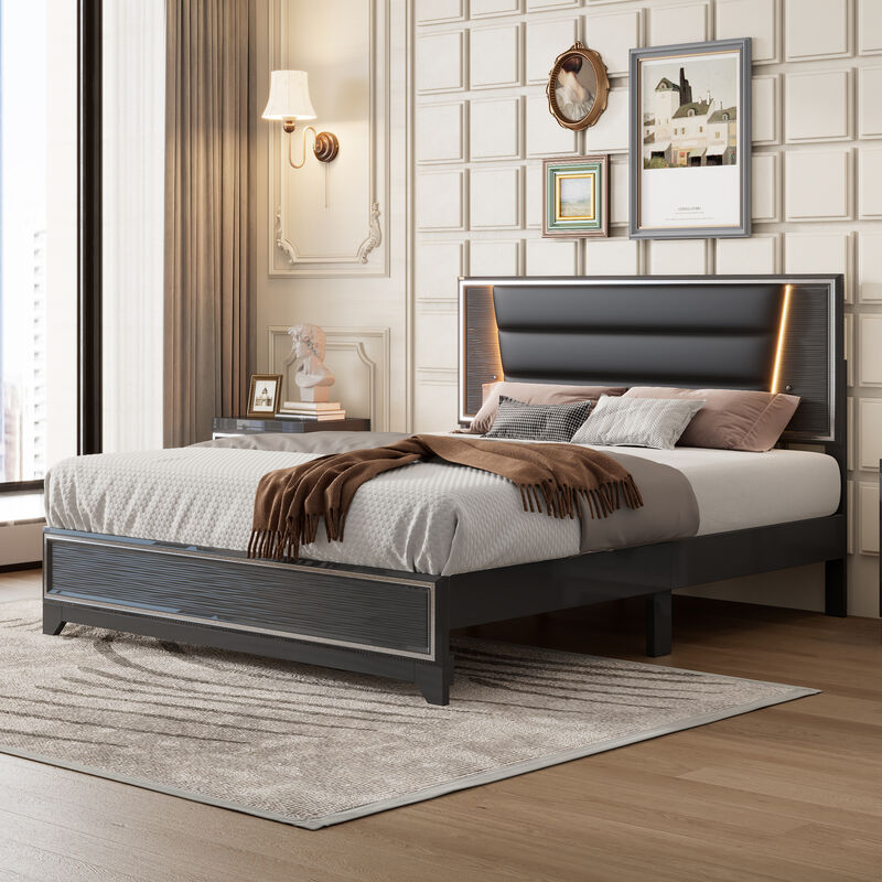 Merax PU Upholstered  Platform Bed  with LED Light