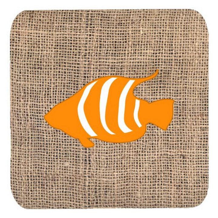 Caroline's Treasures BB1020-BL-OR-FC Fish Burlap and Orange Foam Coasters (Set of 4), 3.5 H x 3.5 W, Multicolor