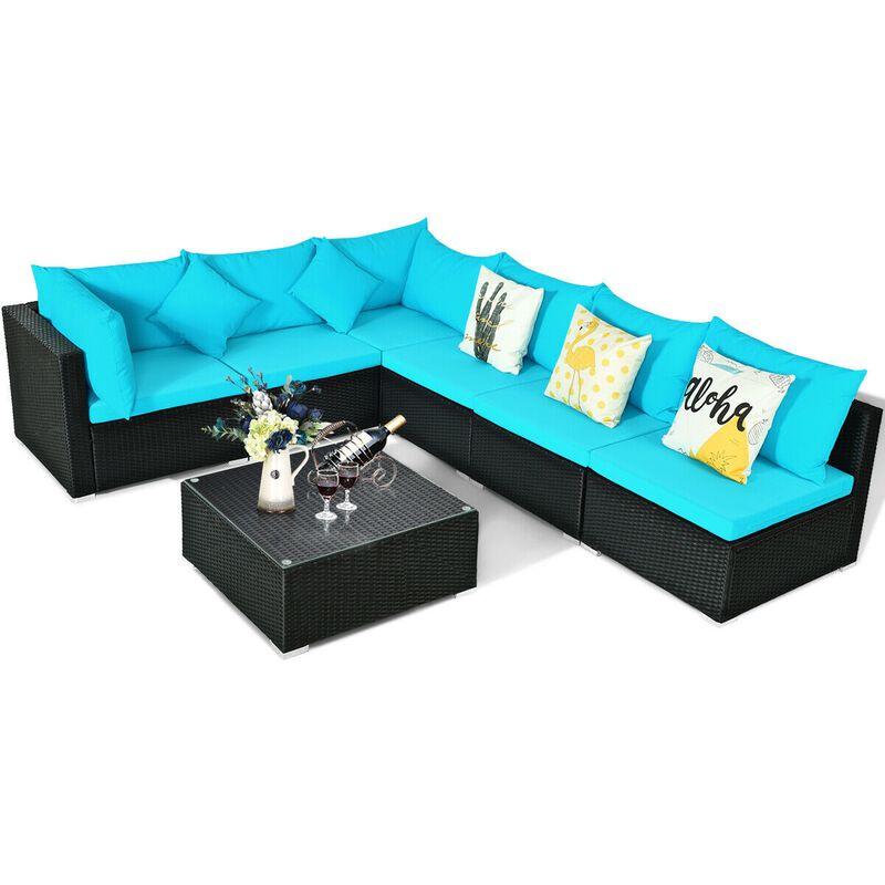 7 Pieces Sectional Wicker Furniture Sofa Set with Tempered Glass Top-Blue