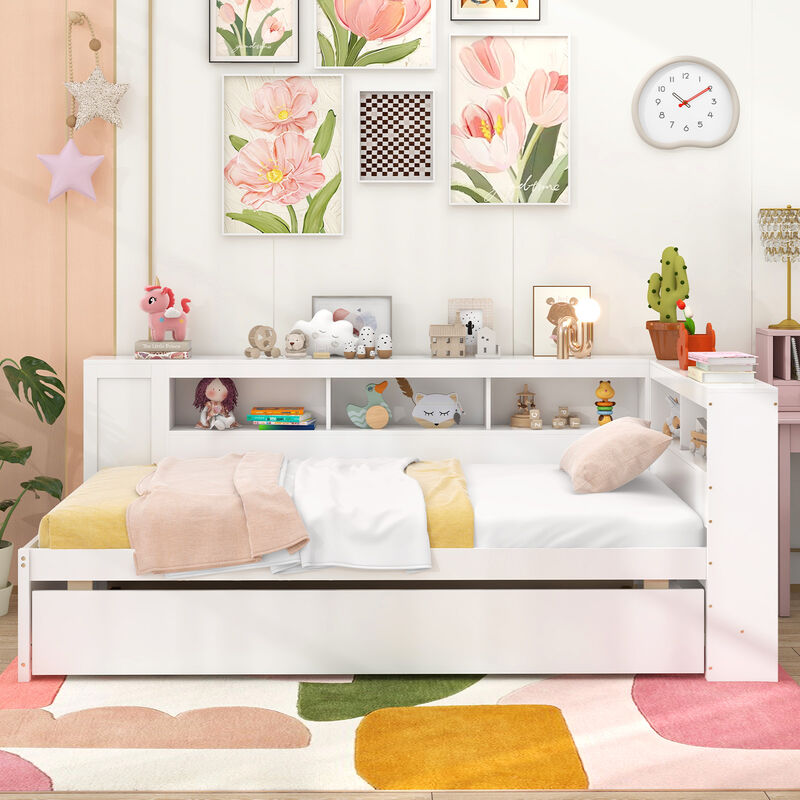 Daybed Platform Bed Frame with Trundle and Bedside Shelves for Space-Saving and Convenient Storage