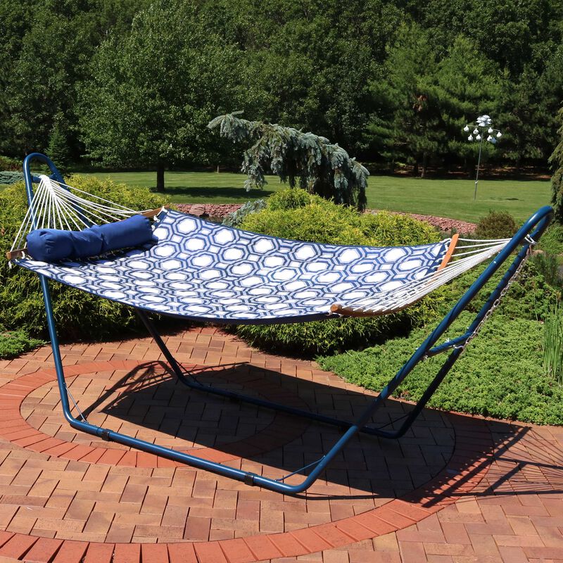 Sunnydaze 2-Person Quilted Fabric Hammock with Blue Steel Stand - Navy/Gray