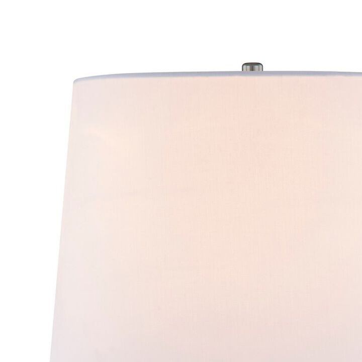 27 Inch Table Lamp, Tapered Drum Fabric Shade, Modern Metal Base, Silver-Benzara