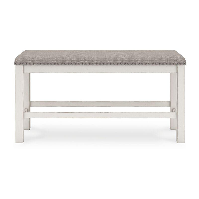 Lea Counter Height Dining Bench, Classic White Wood, Gray Polyester - Benzara
