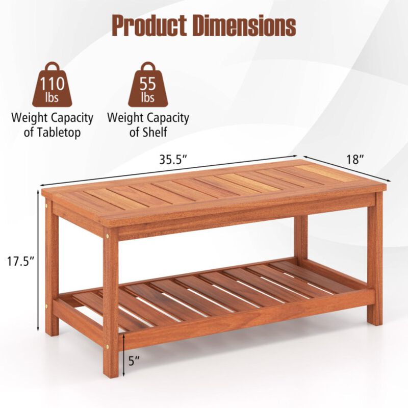Hivvago 2-Tier Patio Coffee Table with Slatted Tabletop and Shelf