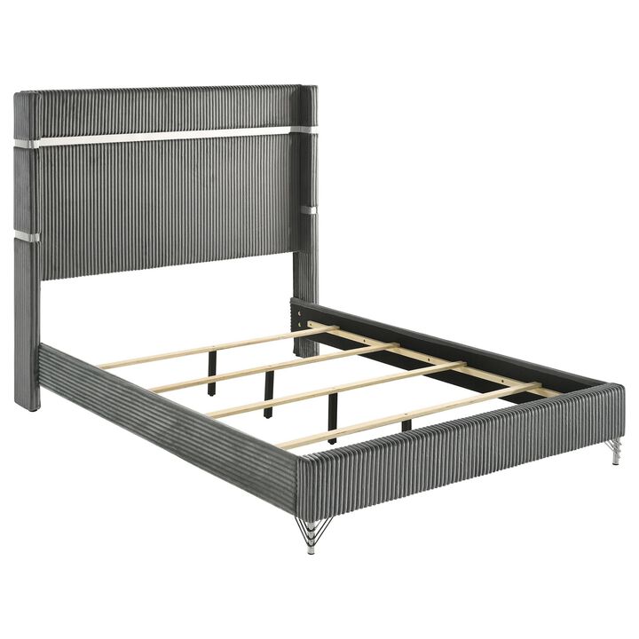 Jenny Queen Size Bed, Wingback Fluted Upholstered Headboard, Gray - Benzara