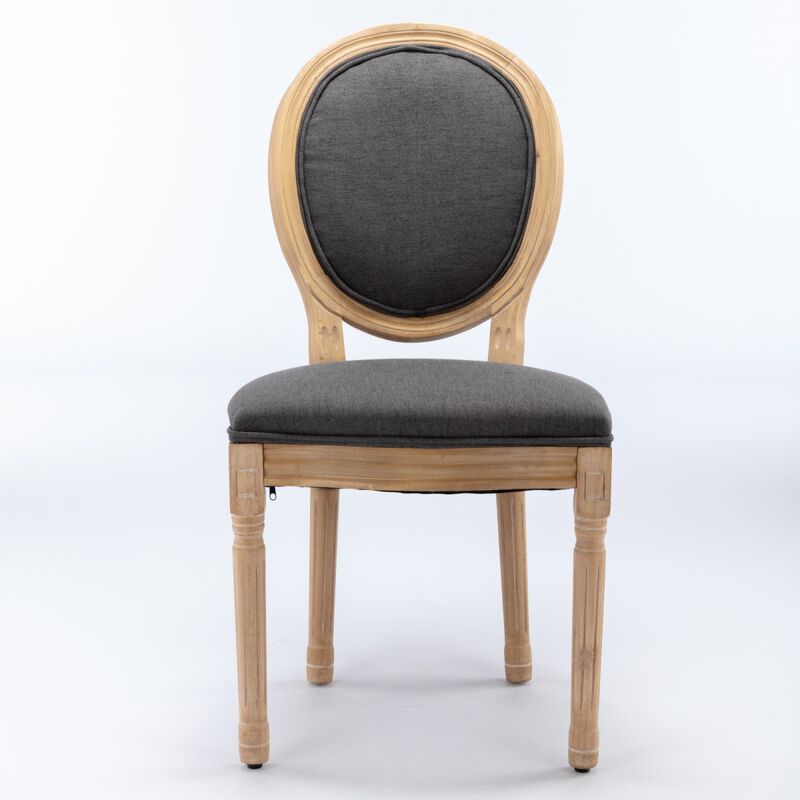French Style Solid Wood Frame Antique Painting Linen Fabric Back Dining Chair, Set Of 2, Dark Gray