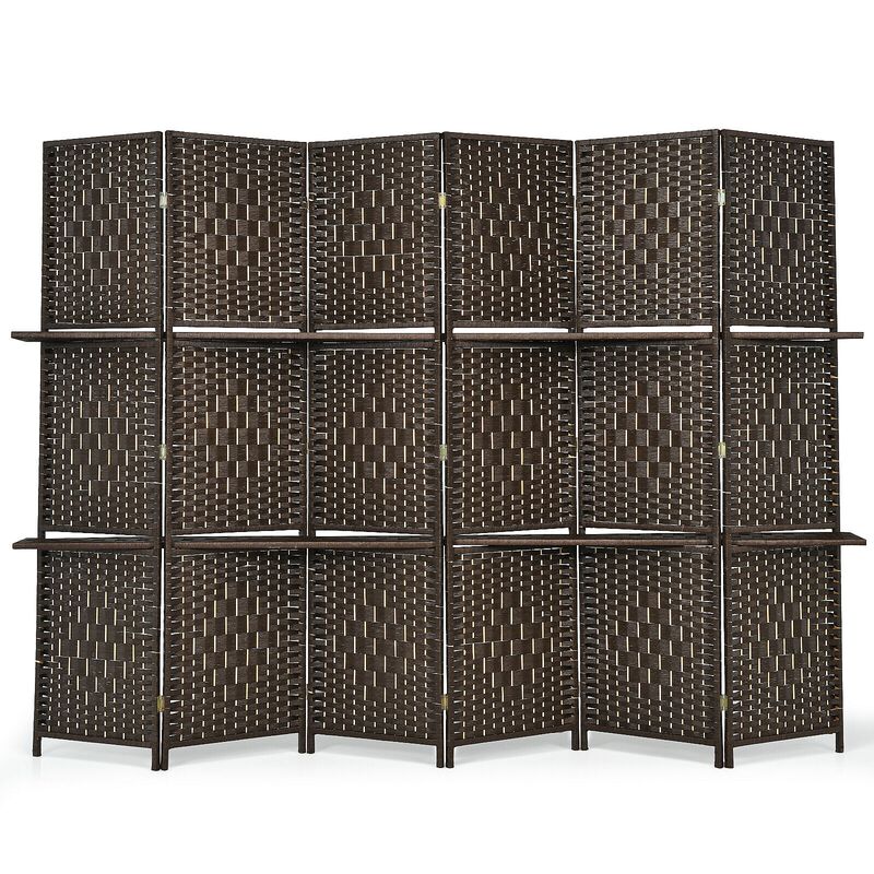 6 Panel Folding Weave Fiber Room Divider With 2 Display Shelves