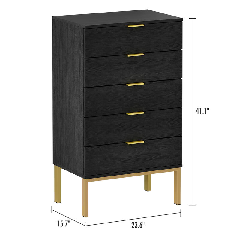 5-Drawer Black Wood Chest of Drawer Accent Storage Cabinet Organizer W/ Metal Leg 44.1 in. H x 23.6 in. W x 15.7 in. D