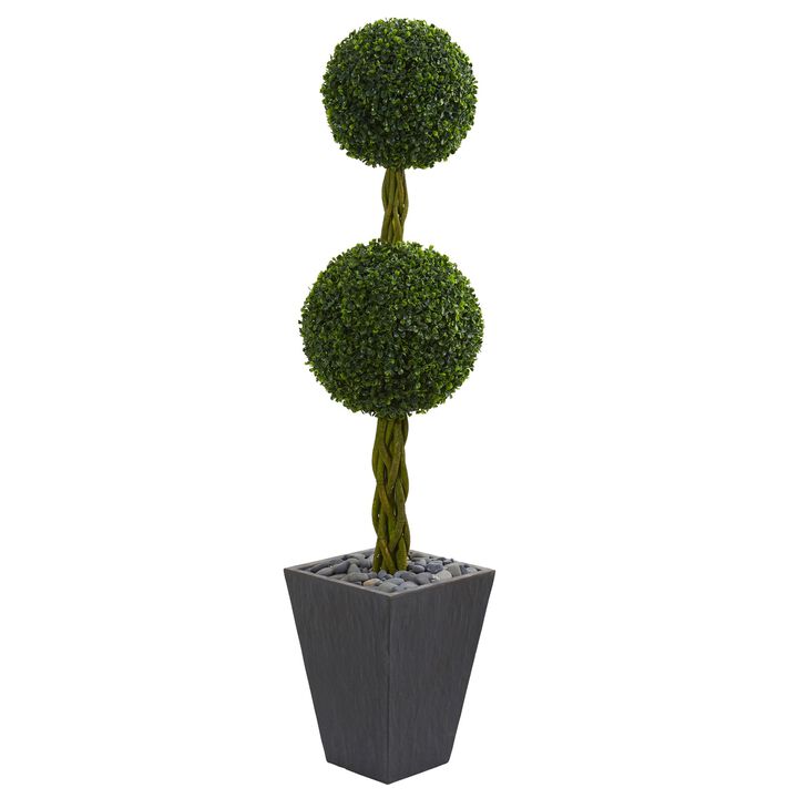 Hivvago 5 Feet Double Ball Boxwood Topiary Artificial Tree in Slate Planter UV Resistant (Indoor/Outdoor)r)