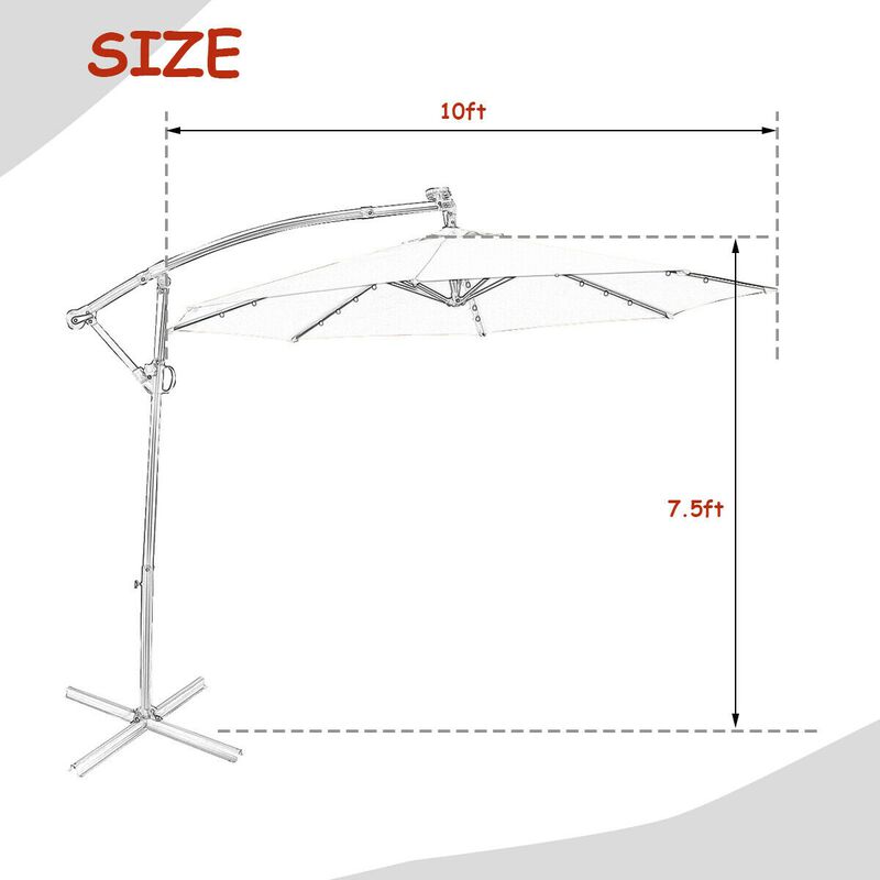 10 ft 360° Rotation Solar Powered LED Patio Offset Umbrella without Weight Base