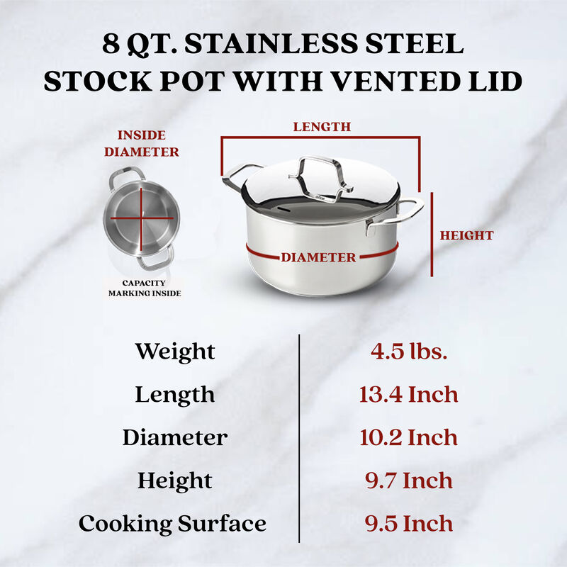 Alva Maestro 18/10 Stainless Steel Stock Pot w/ Lid 8 Qt. Stay Cool Handle, Scratch Resistant Healthy Cooking Soup Pot, Non Toxic Casserole, Compatible with All Stovetops, Oven Safe & Induction Safe