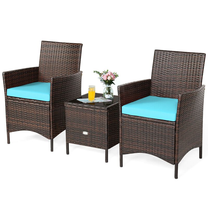 3 Pieces Patio Rattan Conversation Set with Glass Top Coffee Table and Cushions