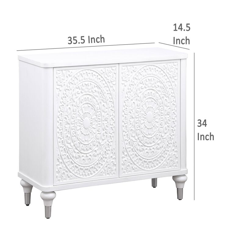 Cardi Accent Cabinet, 2 Medallion Carved Doors, 36 Inch Classic White - Benzara