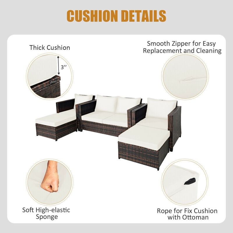 5 Pieces Patio Rattan Furniture Conversation Sets with Removable Cushions