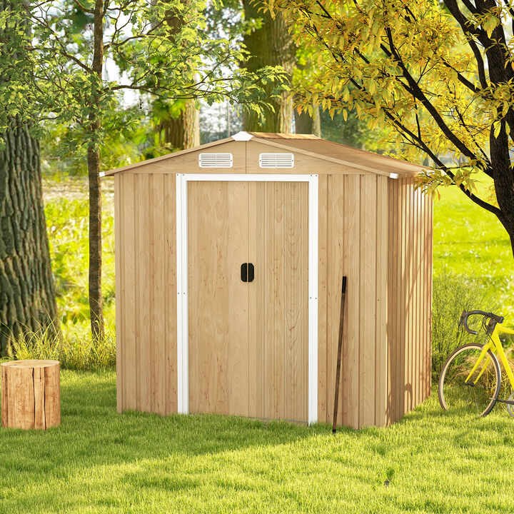 Weather Resistant Galvanized Steel Shed with Tilted Roof for Backyard Garden Patio Lawn-Natural