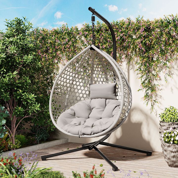 Mondawe Outdoor Rattan Egg Chair W/ Adjustable Headrest & Iron Base,Hollow-Out Design Hanging Chair