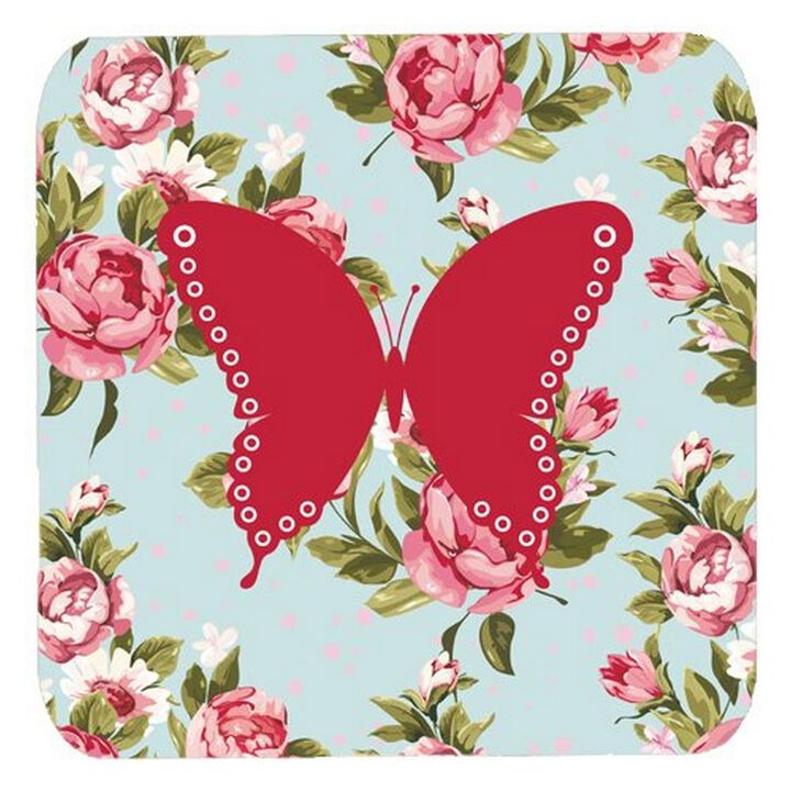 Caroline's Treasures BB1036-RS-BU-FC Butterfly Shabby Chic Blue Roses Foam Coasters (Set of 4), 3.5 H x 3.5 W, Multicolor
