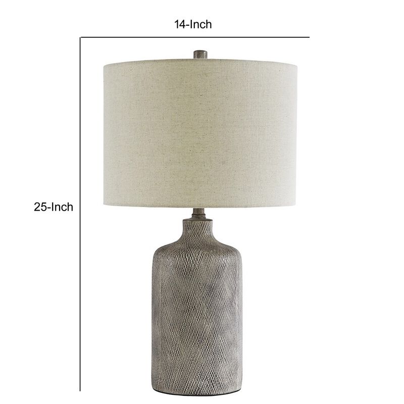 Textured Ceramic Frame Table Lamp with Fabric Shade, Gray and Off White-Benzara