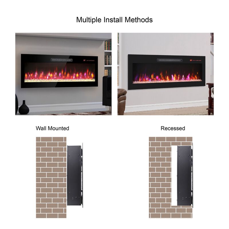 MONDAWE 60 Inch Recessed Ultra Thin Tempered Glass Front Wall Mounted Electric Fireplace With Remote And Multi Color Flame & Emberbed, LED Light Heater