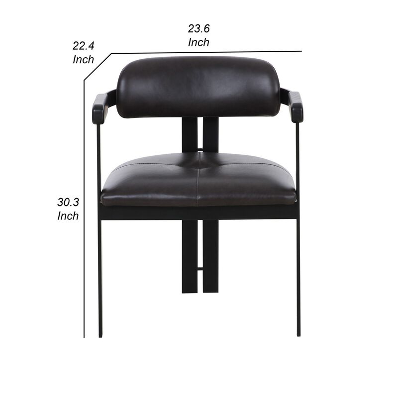 Anta Dining Chair, Black Iron Slats Back, Dark Brown Genuine Leather - Benzara