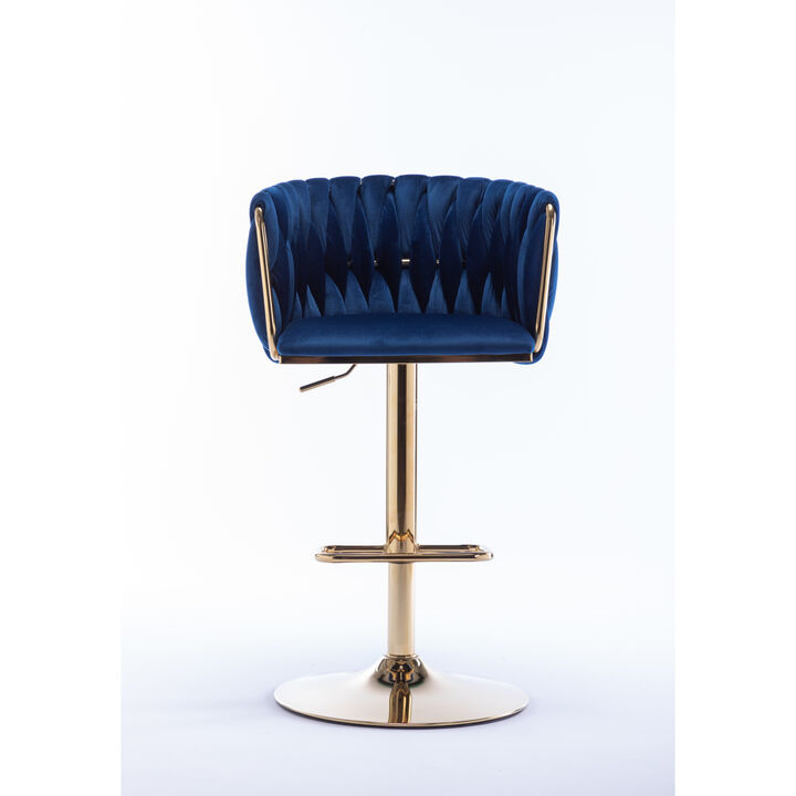 Set of 2 Bar Stools, with Chrome Footrest and Base Swivel Height Adjustable Mechanical Lifting Velvet + Golden Leg Simple Bar Stool-Navy Set Of 2 Bar Stools, With Chrome Footrest And Base Swivel Height Adjustable Mechanical Lifting