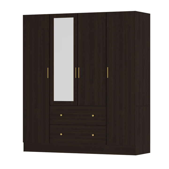 Brown Wood Grain 63 in. W 4-Door Big Armoires With Mirror, 2 Hanging Rods, 2 Drawers, Storage Shelves (70.9 in. H)