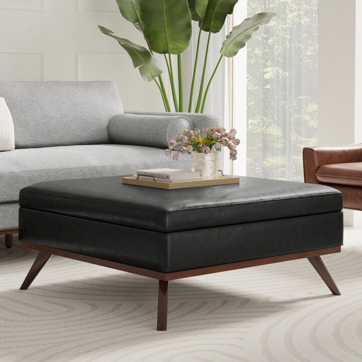 Simpli Home Coffee Table Storage Ottoman In Distressed Black Vegan Faux Leather