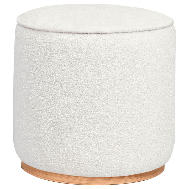 Zia 19 Inch Ottoman, White Faux Sheepskin Upholstery, Round Platform Base - Benzara