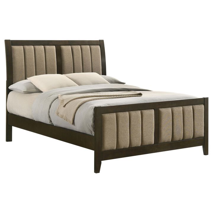 Wily Full Size Bed, Channel Tufted Upholstered Headboard, Dark Brown - Benzara