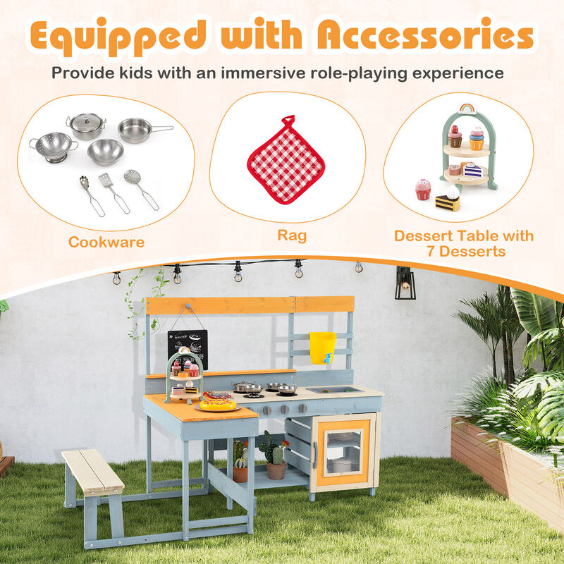 Fir Wood Play Kitchen with Kids Picnic Table and Built-in Bench