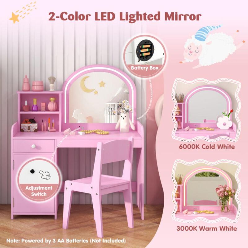 Hivvago Kids Vanity Table and Chair Set with Shelves Drawer and Cabinet-Pink