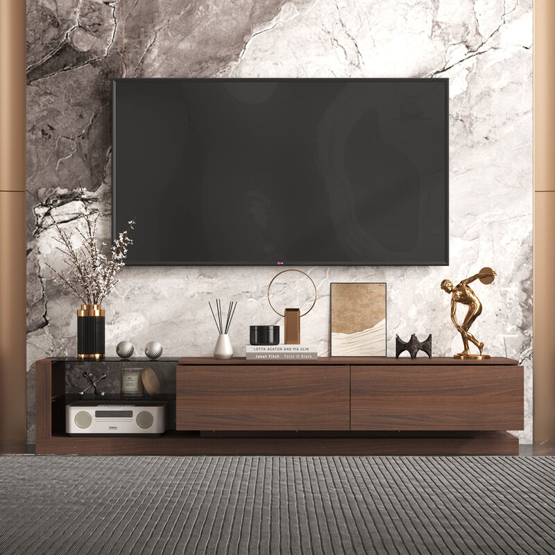 FUFU&GAGA Wood Veneer Glass TV Cabinet, MDF with Gray Tempered Glass, LED Strip Design, Modern Minimalist Style, (89.4 " W x 15.7" D x17.3" H), Walnut