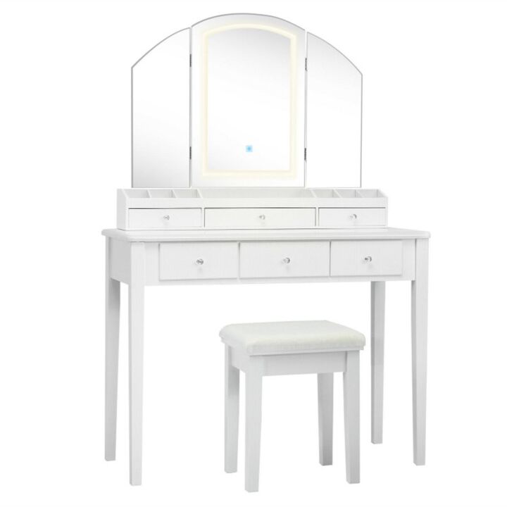 Hivvago Vanity Table Stool Set with Large Tri-folding Lighted Mirror