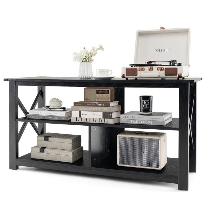 3 Tier Wood TV Stand for 55-Inch with Open Shelves and X-Shaped Frame