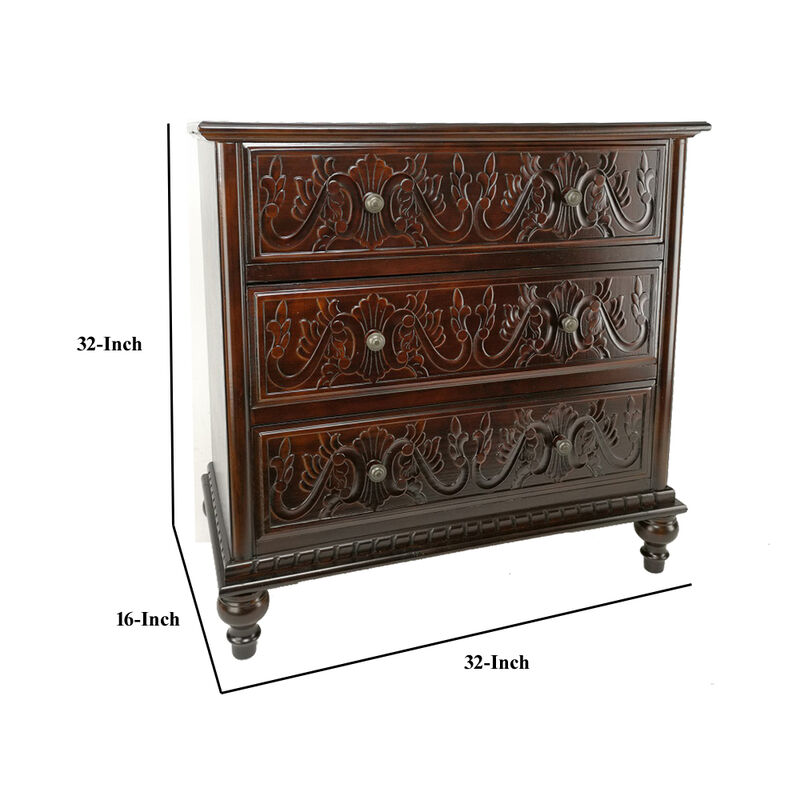 32 Inch Classic Wood Dresser Chest, 3 Drawers, Floral Carving, Brass, Brown - Benzara