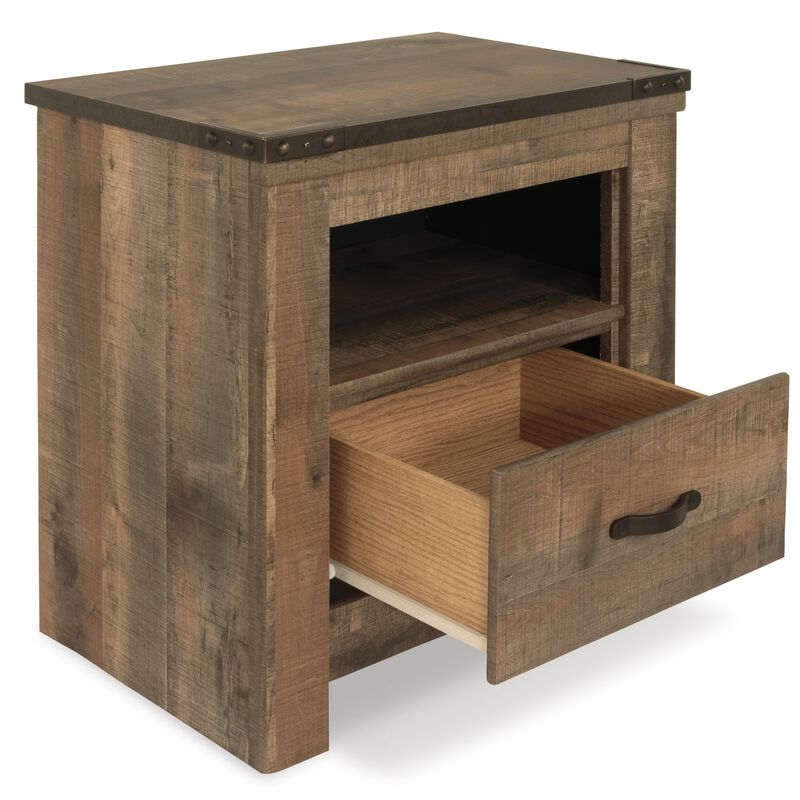 Zoey Nightstand w Drawer and Shelf, USB, Rustic Brown Plank Details - Benzara