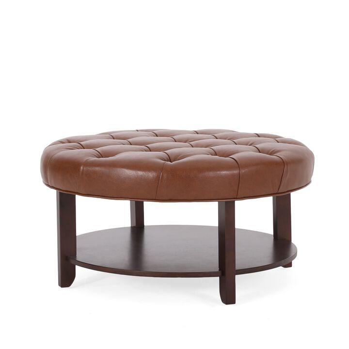 Kiam Ottoman, Shelf, Light Brown Faux Leather, Brown Wood 32 Inch - Benzara