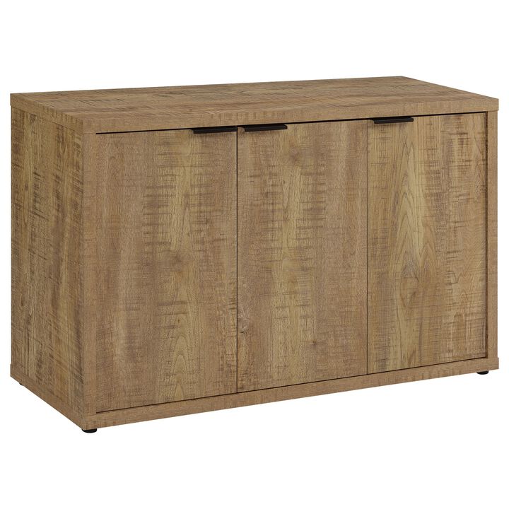 Azia Accent Cabinet, 47 Inch with 3 Doors, Shelves, Mango Brown Wood  - Benzara