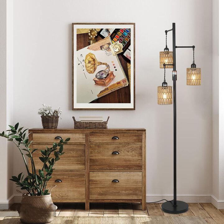 Farmhouse floor lamp comes with 3 hand-woven rattan lampshades for Living Room Bedroom Office