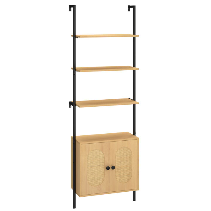 6-Tier Wall Mounted Ladder Bookshelf with Rattan Cabinet 6-Tier Wall Mounted Ladder Bookshelf with Rattan Cabinet