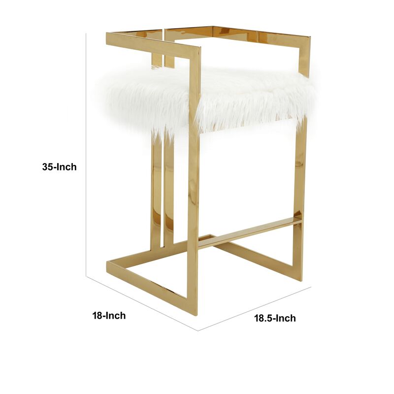 Suki 30 Inch Barstool Chair, White Faux Fur Seat, Stainless Steel, Gold - Benzara